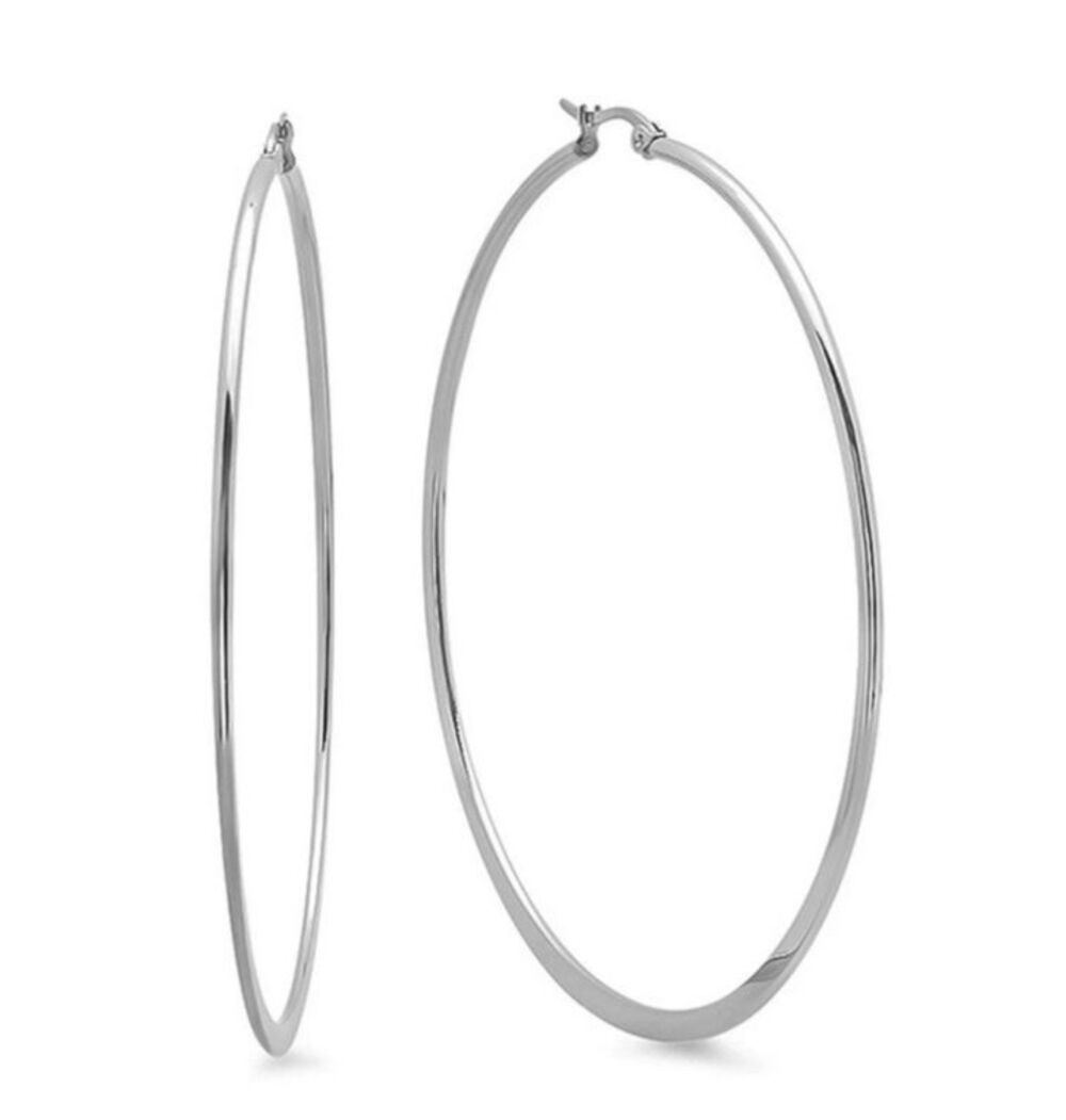 1 Pair SteelTime Stainless Steel Large Polished 60mm  Hoop Earrings Silver NEW
